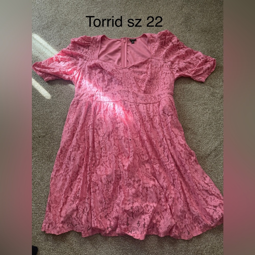 torrid Pink Lace Midi Dress with Puff Sleeves
